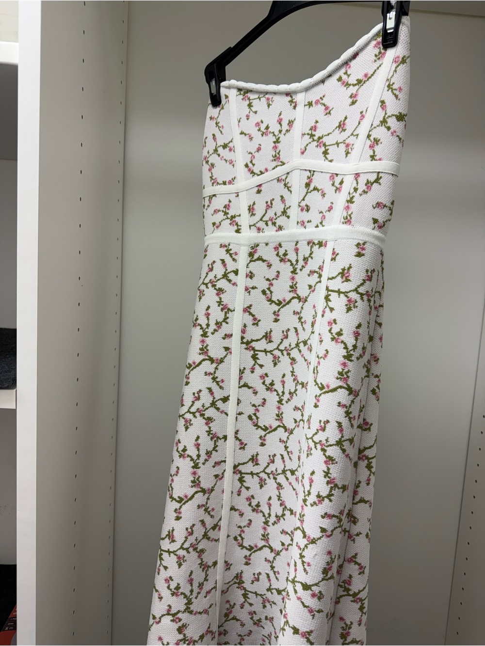 BCBGMaxAzria White One-Shoulder Floral Midi Dress with Pink & Green Print
